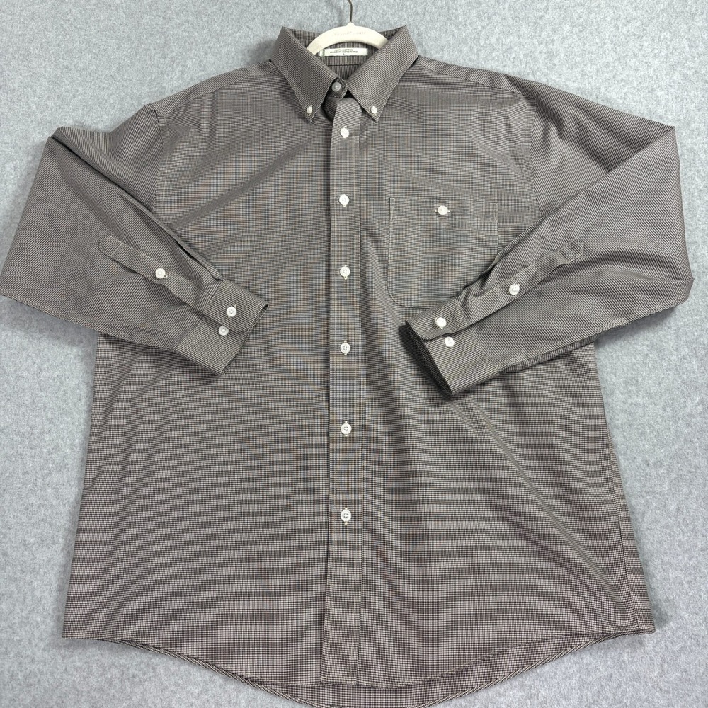 Orvis Mens Large Brown Houndstooth Button Down Shirt Long Sleeve 100% Cotton